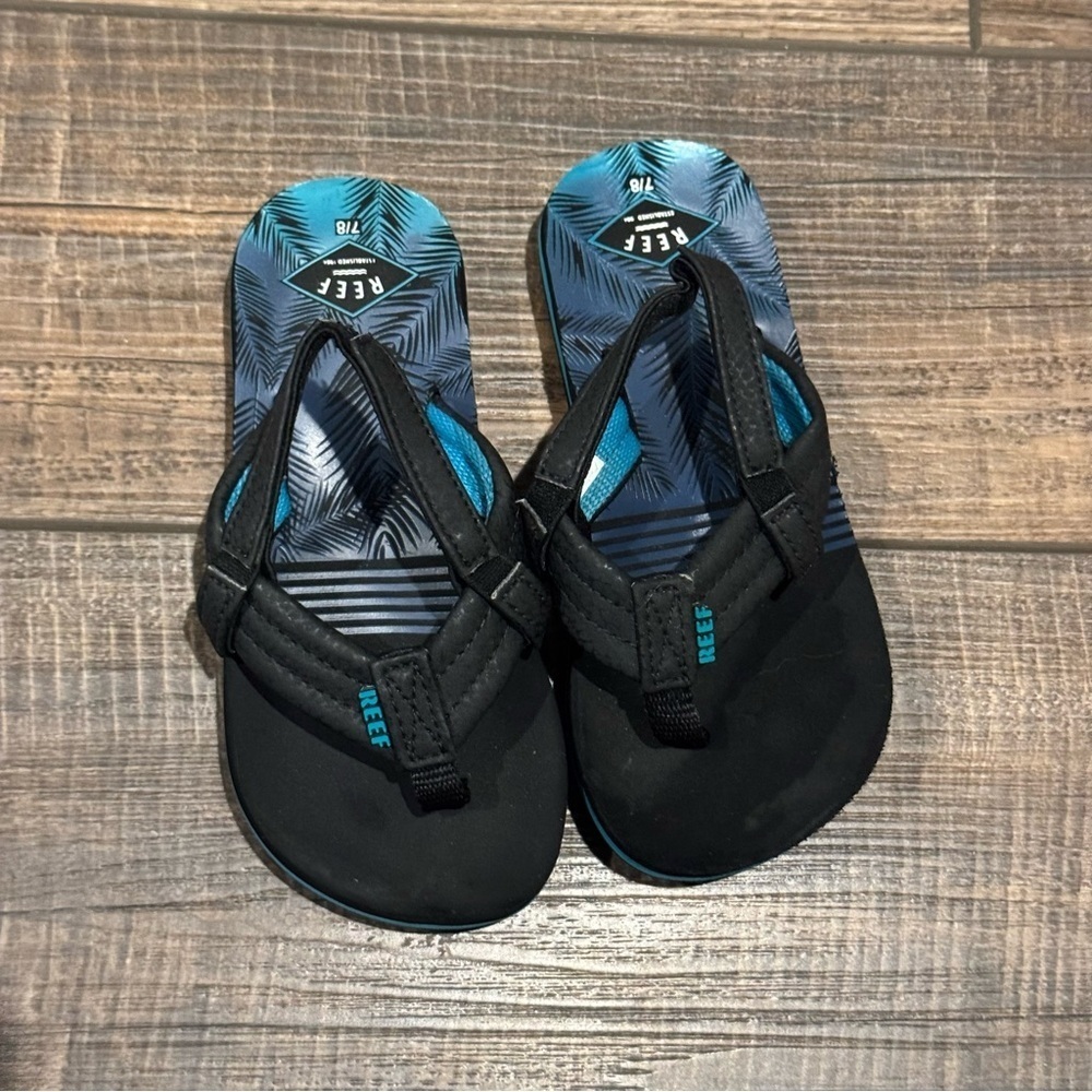 Reef Little Ahi Flip Flops Sandals Toddler Size 7/8 Heel Strap Black Blue - Picture 7 of 10